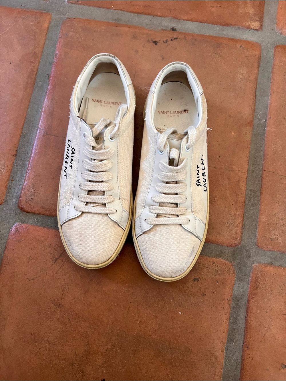 Saint Laurent Off-White Canvas Low-Top Sneakers with Logo Script